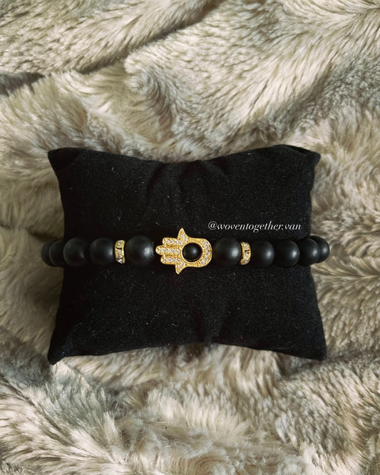 Gold Hamsa Hand x Black Bead